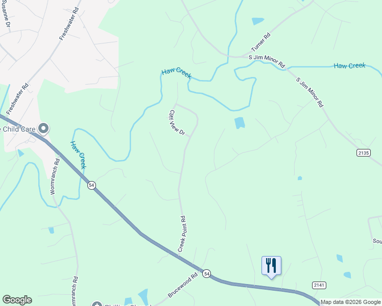 map of restaurants, bars, coffee shops, grocery stores, and more near 2830 Creek Point Road in Graham