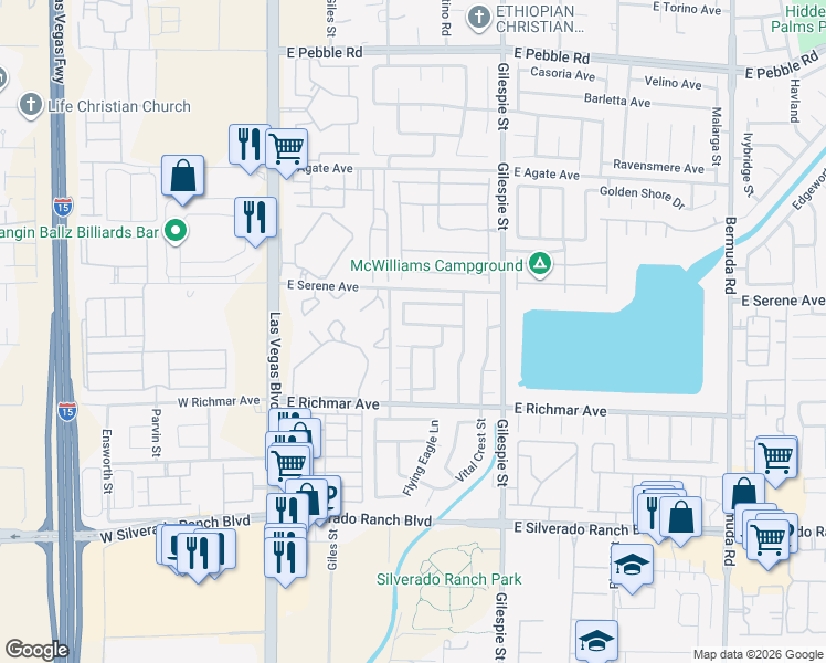 map of restaurants, bars, coffee shops, grocery stores, and more near 121 Windy Creek Avenue in Las Vegas