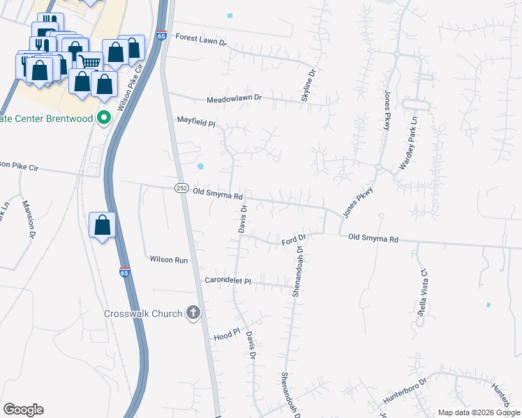 map of restaurants, bars, coffee shops, grocery stores, and more near 9017 Old Smyrna Road in Brentwood
