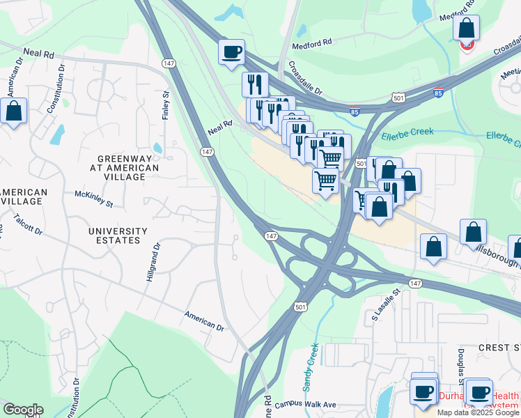 map of restaurants, bars, coffee shops, grocery stores, and more near 243 Bridgefield Place in Durham