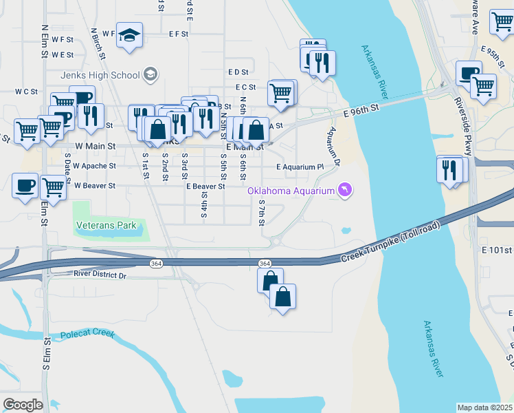 map of restaurants, bars, coffee shops, grocery stores, and more near 405 S 6th St in Jenks