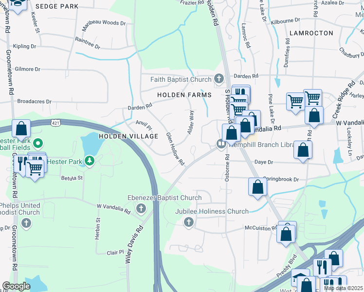 map of restaurants, bars, coffee shops, grocery stores, and more near 3227 Alder Way in Greensboro