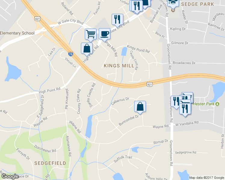 map of restaurants, bars, coffee shops, grocery stores, and more near 2817 Kings Mill Road in Greensboro