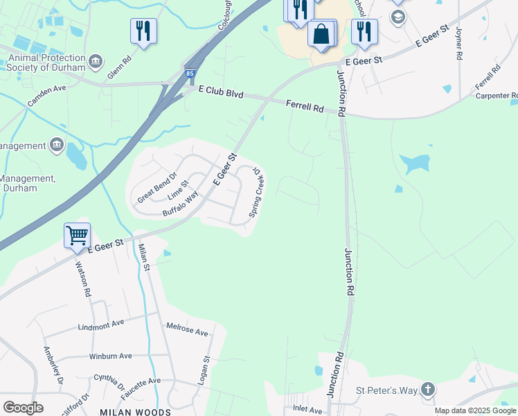 map of restaurants, bars, coffee shops, grocery stores, and more near 2022 Spring Creek Drive in Durham