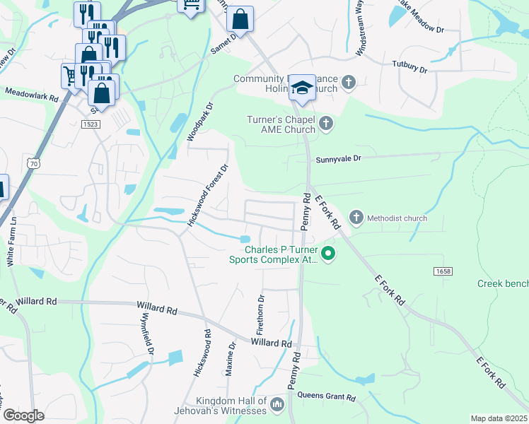 map of restaurants, bars, coffee shops, grocery stores, and more near 3913 Cloverwood Meadow Lane in High Point