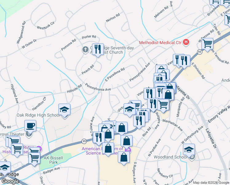 map of restaurants, bars, coffee shops, grocery stores, and more near 102 Vista Road in Oak Ridge