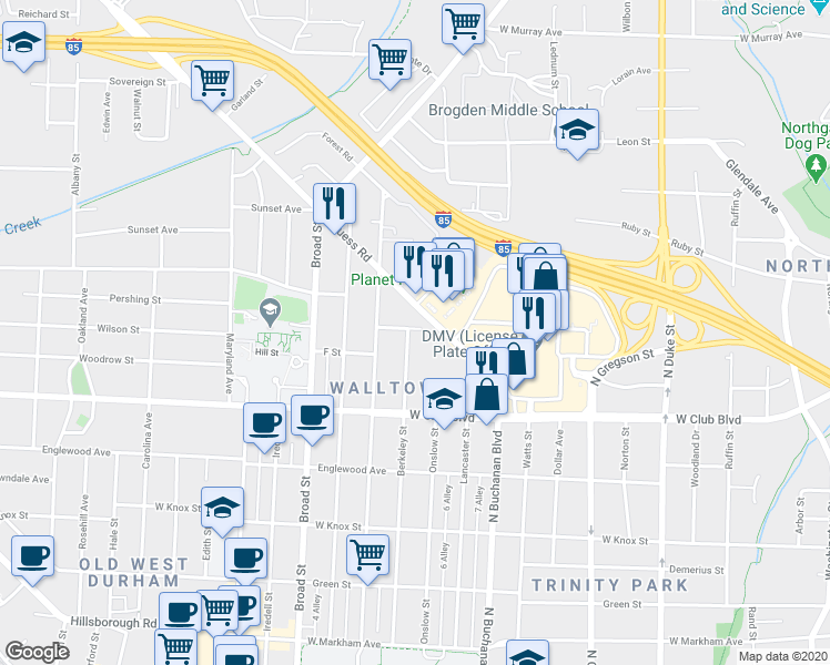 map of restaurants, bars, coffee shops, grocery stores, and more near 1240 Berkeley Street in Durham