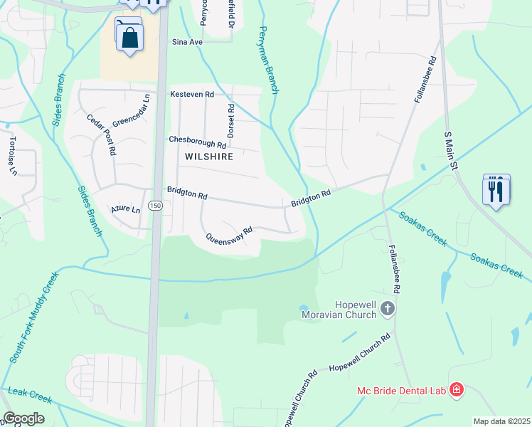 map of restaurants, bars, coffee shops, grocery stores, and more near 1380 Bridgton Road in Winston-Salem