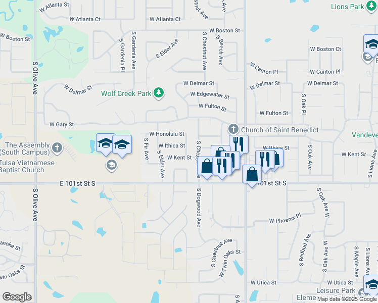 map of restaurants, bars, coffee shops, grocery stores, and more near 3305 South Dogwood Avenue in Broken Arrow