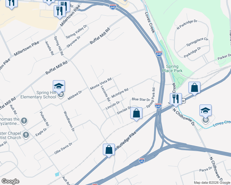 map of restaurants, bars, coffee shops, grocery stores, and more near 5100 McIntyre Road in Knoxville