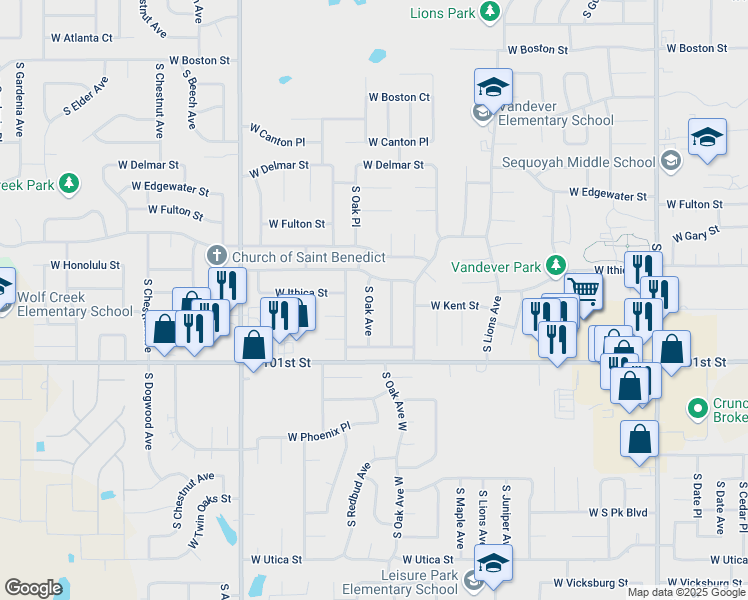 map of restaurants, bars, coffee shops, grocery stores, and more near 3001 South Oak Avenue in Broken Arrow