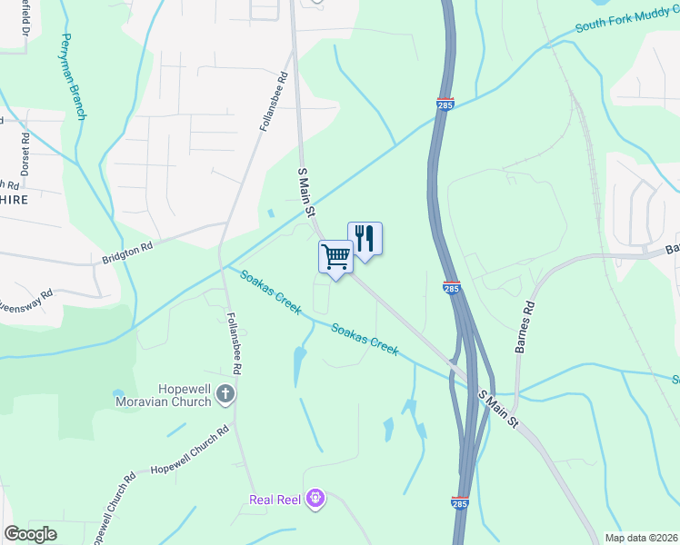 map of restaurants, bars, coffee shops, grocery stores, and more near 4636 South Main Street in Winston-Salem