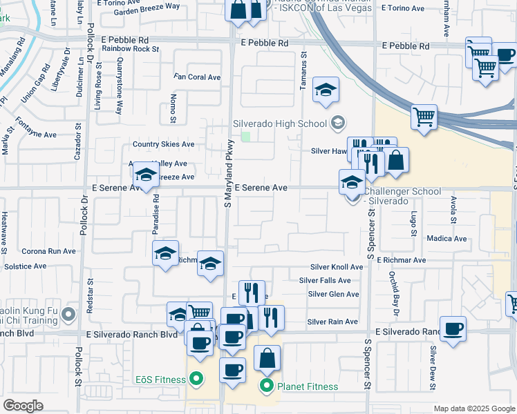 map of restaurants, bars, coffee shops, grocery stores, and more near 1316 Eagle Meadow Court in Las Vegas