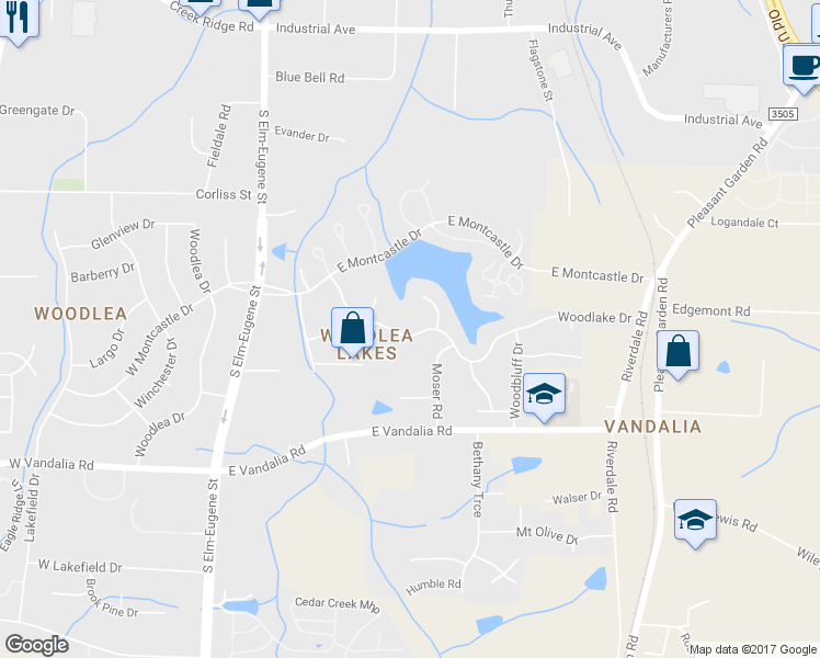 map of restaurants, bars, coffee shops, grocery stores, and more near 411 Woodlake Drive in Greensboro
