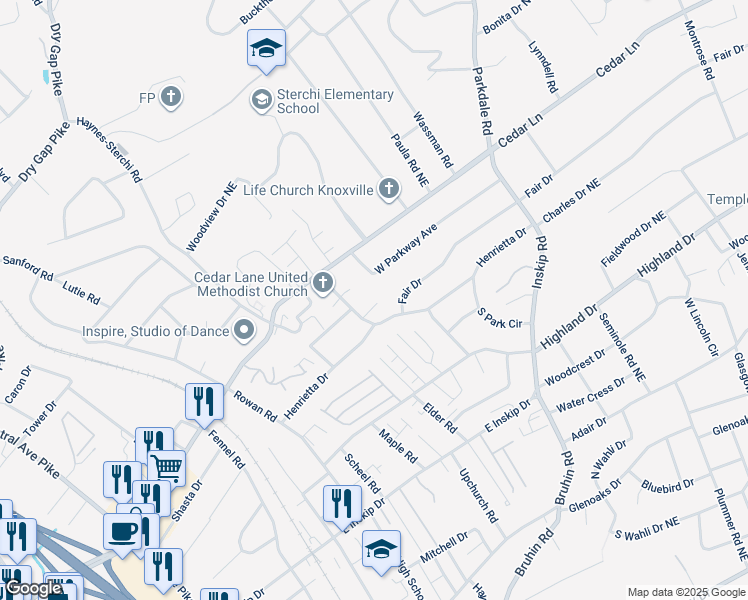 map of restaurants, bars, coffee shops, grocery stores, and more near 5004 Willoway Drive in Knoxville