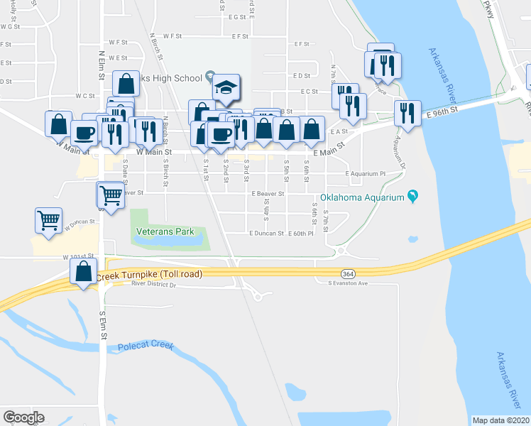 map of restaurants, bars, coffee shops, grocery stores, and more near 398 South 4th Street in Jenks