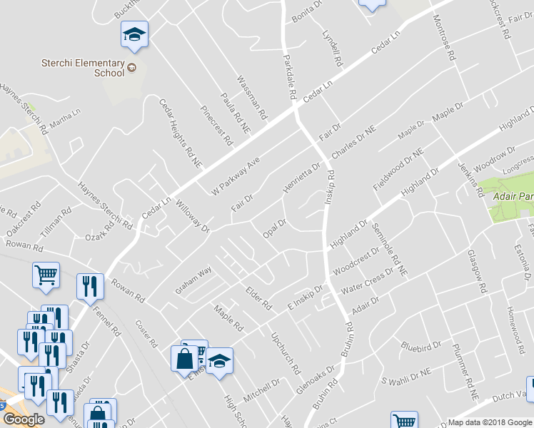 map of restaurants, bars, coffee shops, grocery stores, and more near 1004 Henrietta Drive in Knoxville