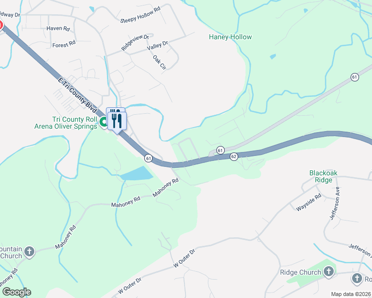 map of restaurants, bars, coffee shops, grocery stores, and more near 112 Caldwell Circle in Oliver Springs