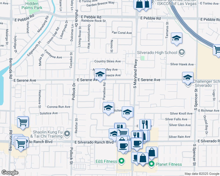 map of restaurants, bars, coffee shops, grocery stores, and more near 1036 East Shadow Pool Court in Las Vegas