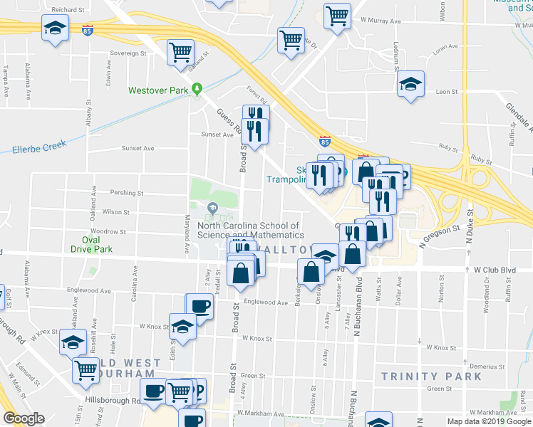 map of restaurants, bars, coffee shops, grocery stores, and more near 1307 Clarendon Street in Durham