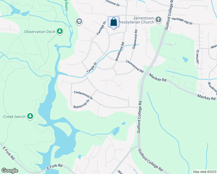 map of restaurants, bars, coffee shops, grocery stores, and more near 2 Crossbow Court in Jamestown