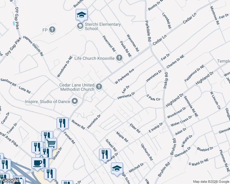 map of restaurants, bars, coffee shops, grocery stores, and more near 5004 Willoway Drive in Knoxville