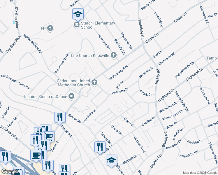 map of restaurants, bars, coffee shops, grocery stores, and more near 5004 Willoway Drive in Knoxville