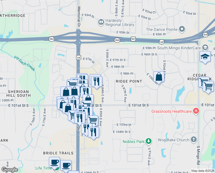 map of restaurants, bars, coffee shops, grocery stores, and more near 9920 South 86th East Avenue in Tulsa