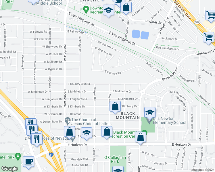 map of restaurants, bars, coffee shops, grocery stores, and more near 291 East Country Club Drive in Henderson
