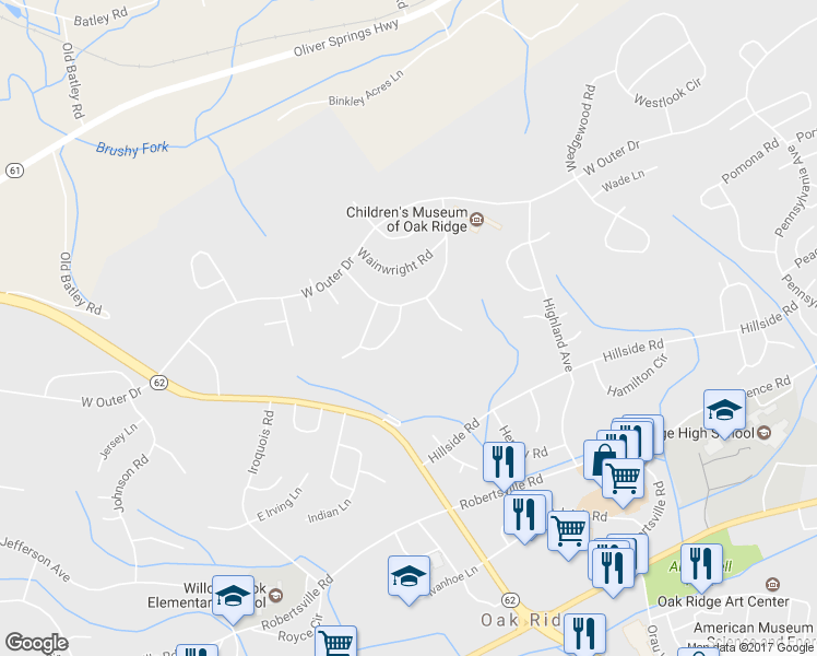 map of restaurants, bars, coffee shops, grocery stores, and more near 103 Wakefield Road in Oak Ridge