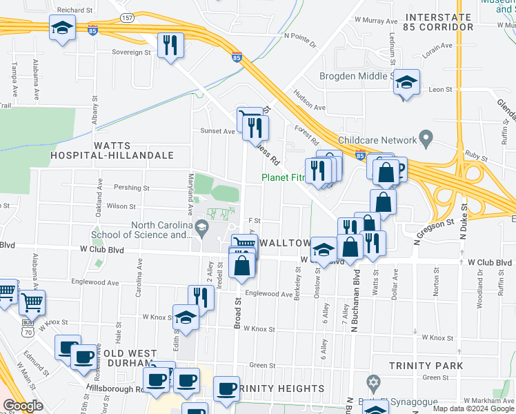 map of restaurants, bars, coffee shops, grocery stores, and more near 1309 Clarendon Street in Durham