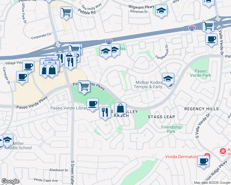map of restaurants, bars, coffee shops, grocery stores, and more near 2062 Bluebell Point Court in Henderson