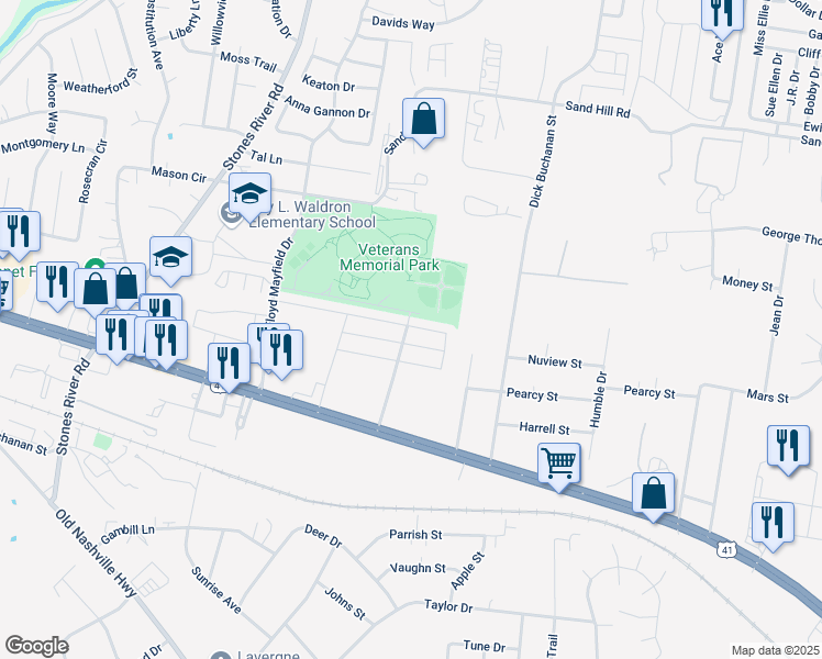 map of restaurants, bars, coffee shops, grocery stores, and more near 3135 George Buchanan in La Vergne