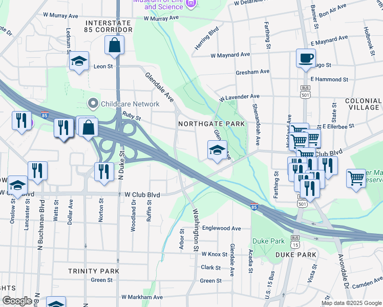 map of restaurants, bars, coffee shops, grocery stores, and more near 1807 Northgate Street in Durham