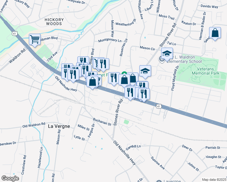 map of restaurants, bars, coffee shops, grocery stores, and more near 5179 Nashville Highway in La Vergne