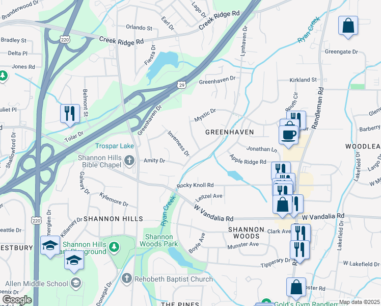 map of restaurants, bars, coffee shops, grocery stores, and more near 3804 Lynhaven Drive in Greensboro