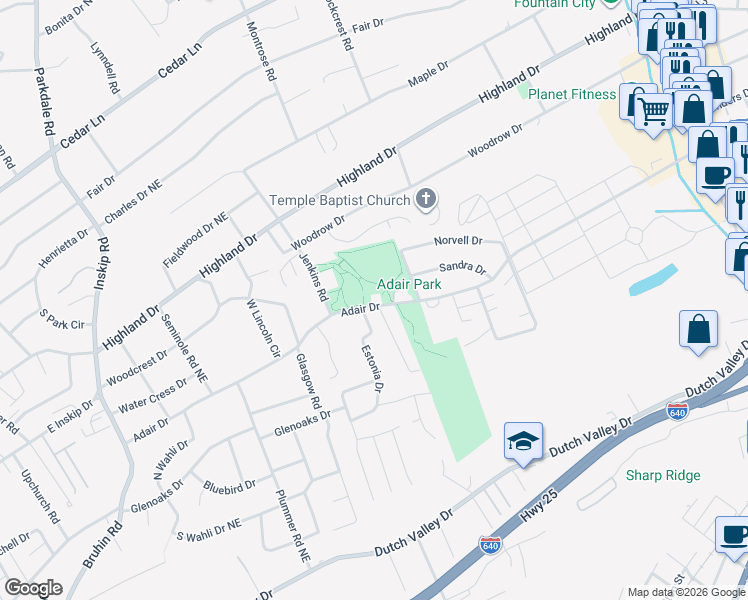 map of restaurants, bars, coffee shops, grocery stores, and more near 1717 Adair Drive in Knoxville
