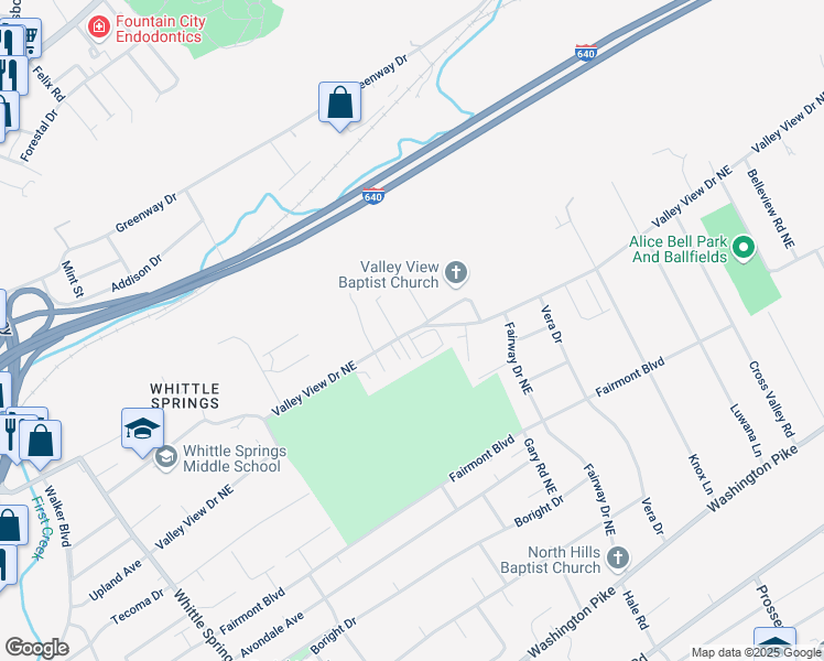 map of restaurants, bars, coffee shops, grocery stores, and more near 3401 Valley View Drive Northeast in Knoxville