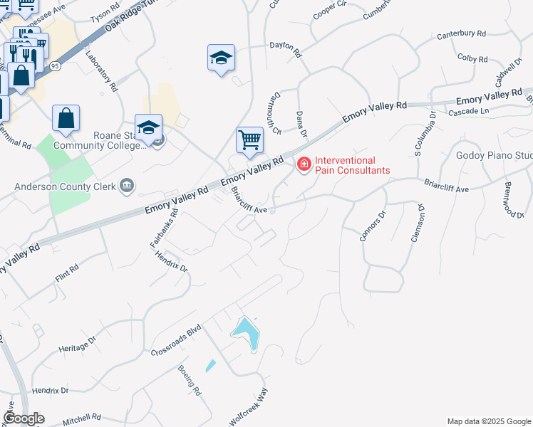 map of restaurants, bars, coffee shops, grocery stores, and more near 100 Donner Court in Oak Ridge