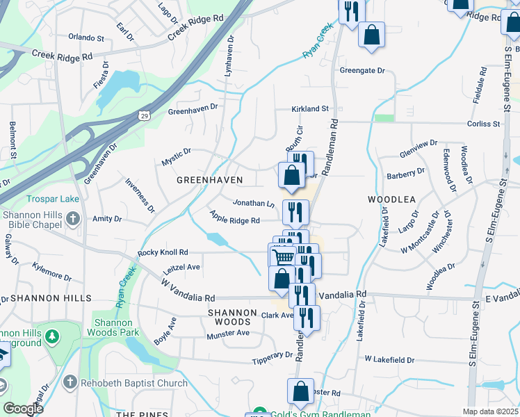 map of restaurants, bars, coffee shops, grocery stores, and more near 511 Jonathan Lane in Greensboro