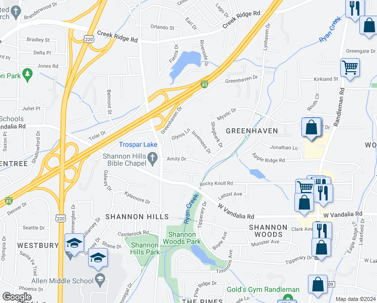 map of restaurants, bars, coffee shops, grocery stores, and more near 3604 Amity Court in Greensboro
