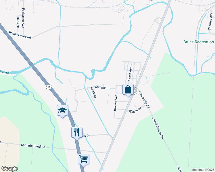 map of restaurants, bars, coffee shops, grocery stores, and more near 618 Christie Street in Dyersburg