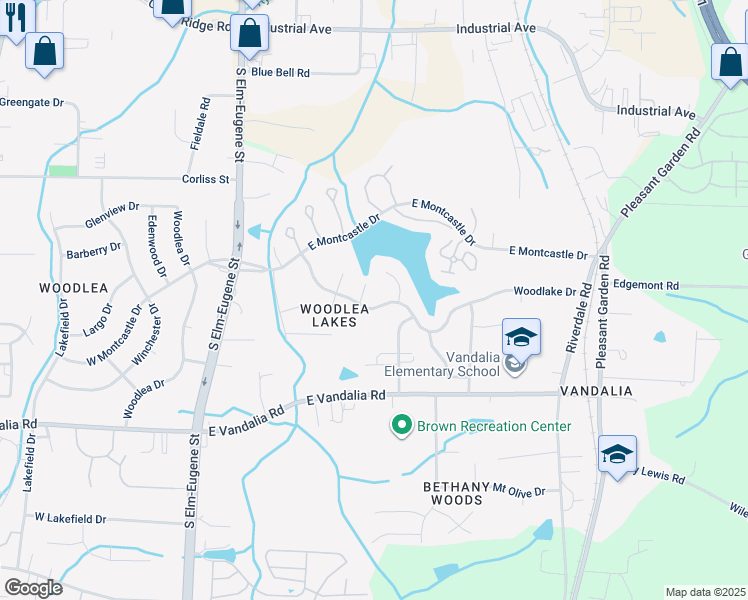 map of restaurants, bars, coffee shops, grocery stores, and more near 411 Woodlake Drive in Greensboro