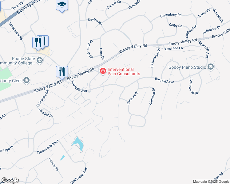 map of restaurants, bars, coffee shops, grocery stores, and more near 114 Dover Lane in Oak Ridge