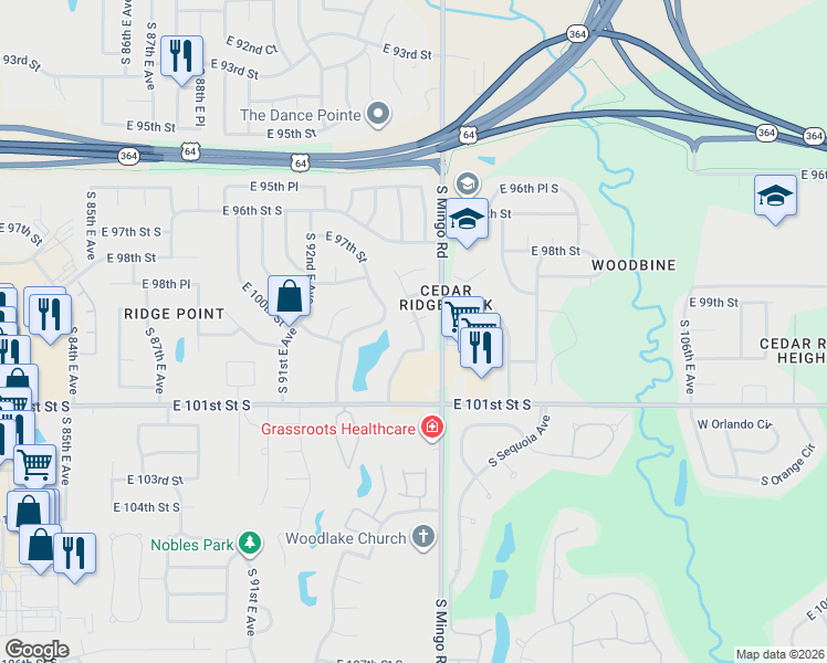 map of restaurants, bars, coffee shops, grocery stores, and more near 9410 East 99th Place in Tulsa