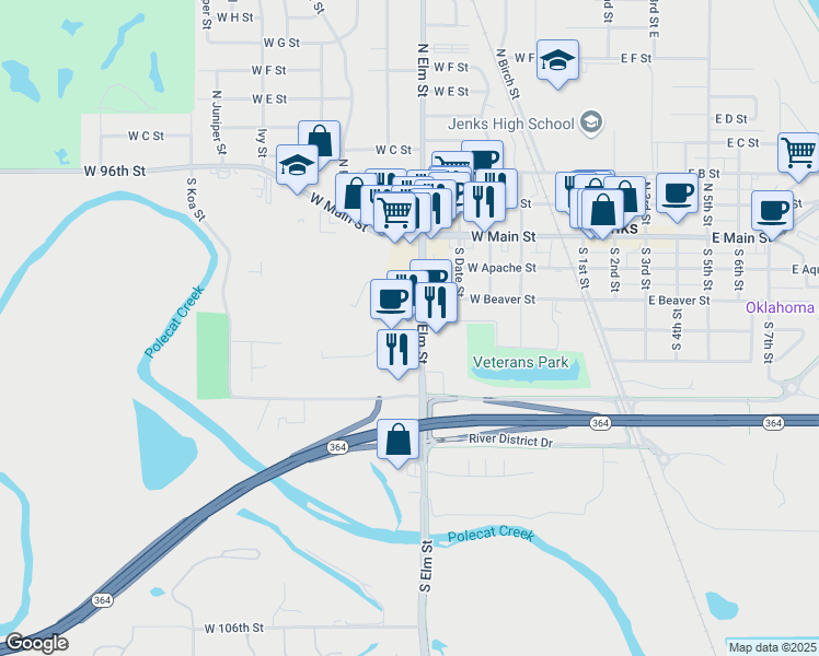 map of restaurants, bars, coffee shops, grocery stores, and more near 404 South Elm Street in Jenks