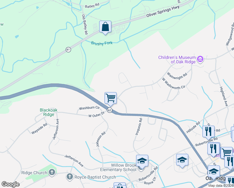 map of restaurants, bars, coffee shops, grocery stores, and more near 610 West Outer Drive in Oak Ridge
