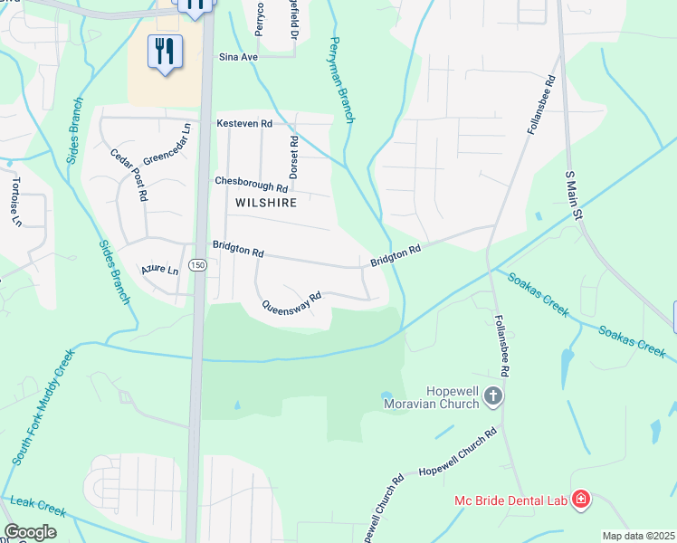 map of restaurants, bars, coffee shops, grocery stores, and more near 1380 Bridgton Road in Winston-Salem