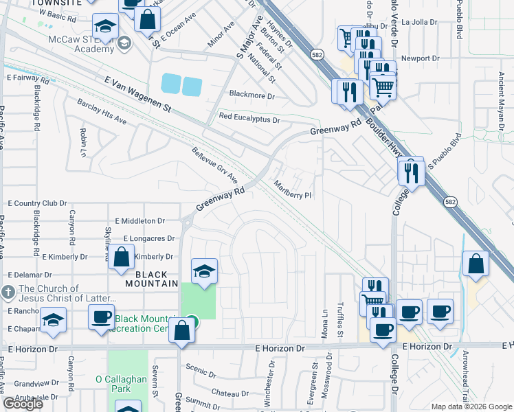 map of restaurants, bars, coffee shops, grocery stores, and more near 480 Greenway Road in Henderson