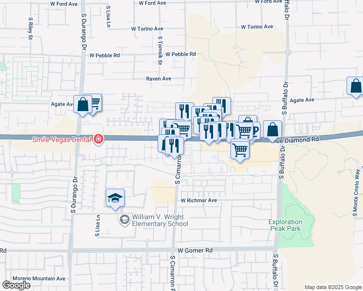 map of restaurants, bars, coffee shops, grocery stores, and more near 9305 South Cimarron Road in Las Vegas